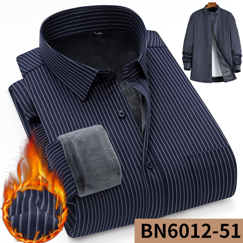 Winter new men's fleece and thickened long-sleeved shirt, middle-aged dad's business casual striped warm shirt