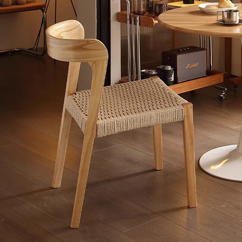 Nordic wabi-sabi style solid wood rope woven retro makeup chair, Japanese desk and chair, home small-sized apartment backrest, antique V-shaped chair, Star Factory Specification image