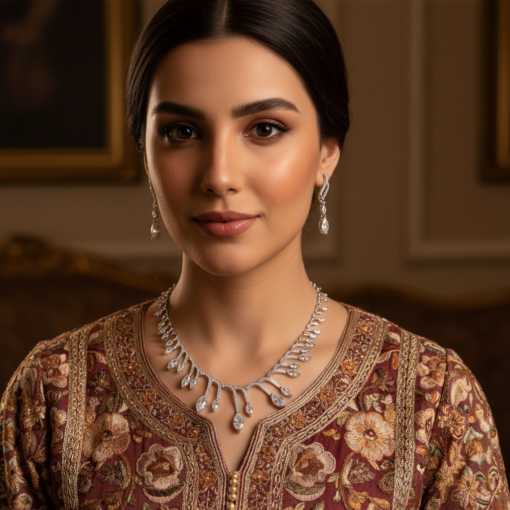 欧美锆石水滴项链耳环锆石套装高级奢华夸张锆石项链耳环首饰套装