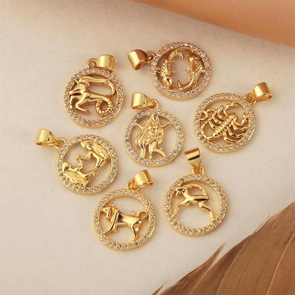 Cross-border best-selling 12 zodiac pendant, micro-inlaid zircon copper plated with 18k real gold color retention electroplating, creative retro pendant Specification image