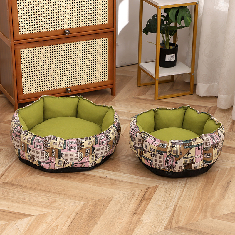 新款加厚棉布宠物窝跨境透气麻布宠物窝圆形八角防滑宠物窝批发