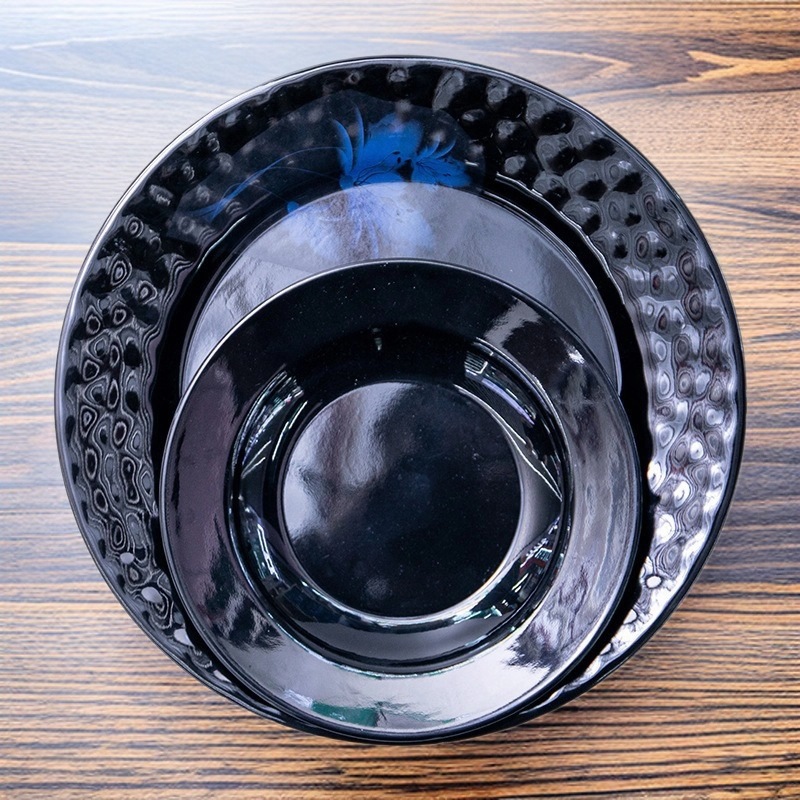 Export melamine Japanese tableware, black plates, restaurant Western food steak plates, snack fried rice plates, OEM plating full figure