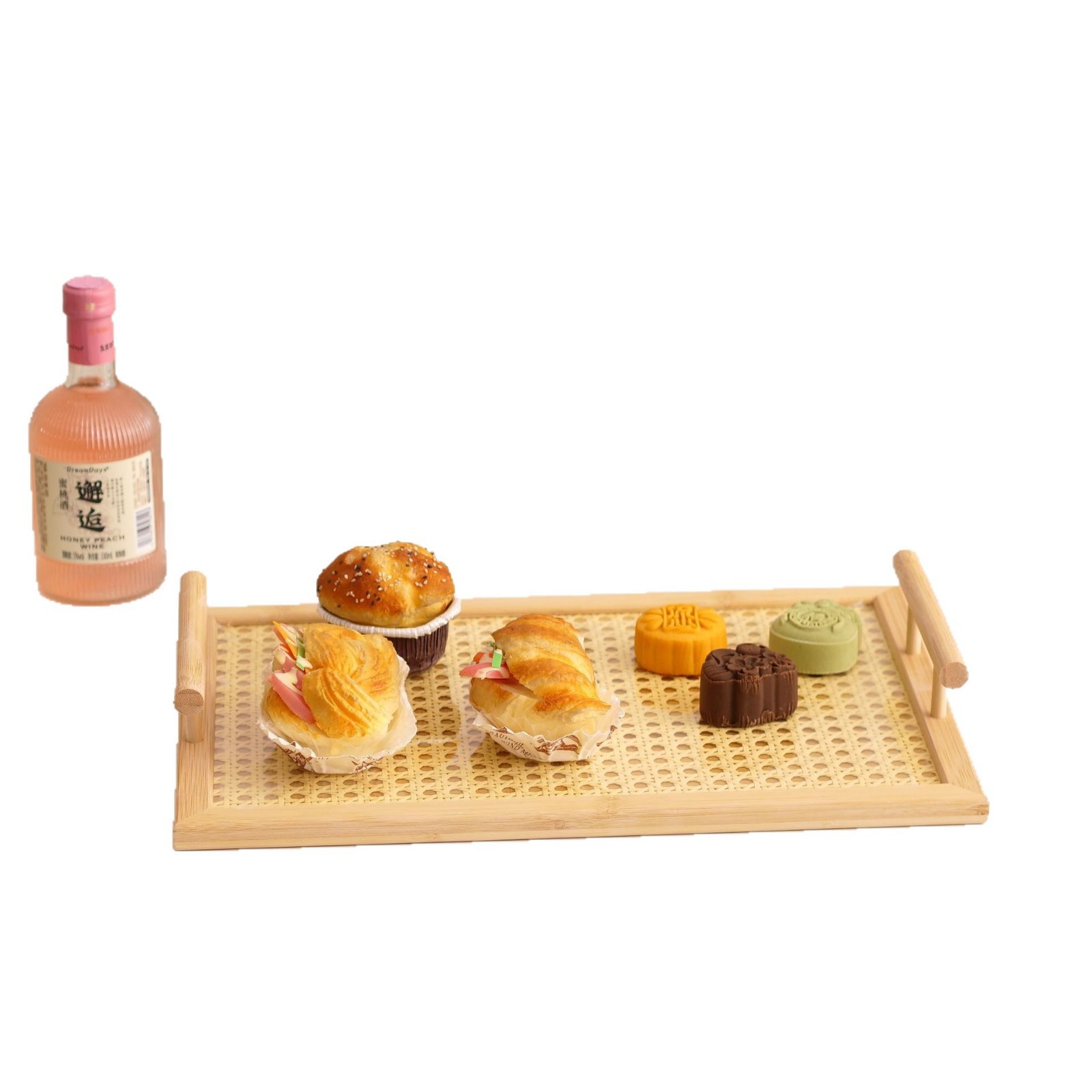 创意竹制托盘木质可手提水果点心盘长方形仿藤编底茶托盘宴请餐盘白底实物图