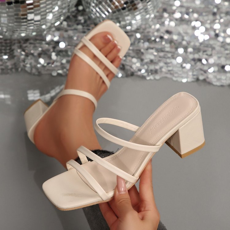 2025新款夏黑色细带凉鞋女仙女风中跟凉拖鞋女外穿粗跟一字带女鞋细节图