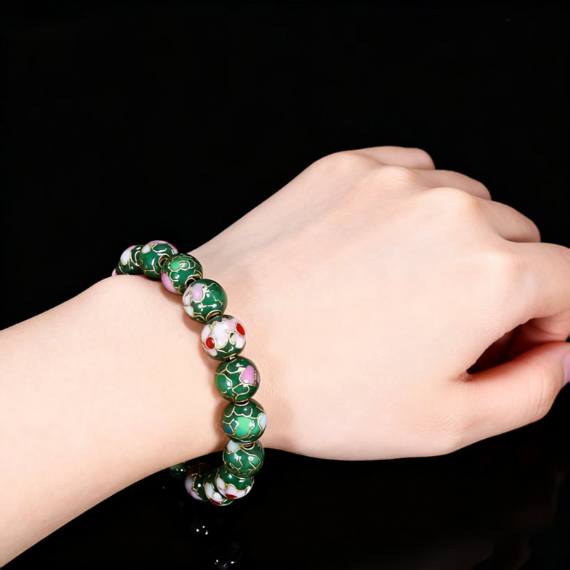 Beijing Cloisonne classical ethnic style jewelry, traditional copper base cloisonne enamel polished round bead bracelet details Picture