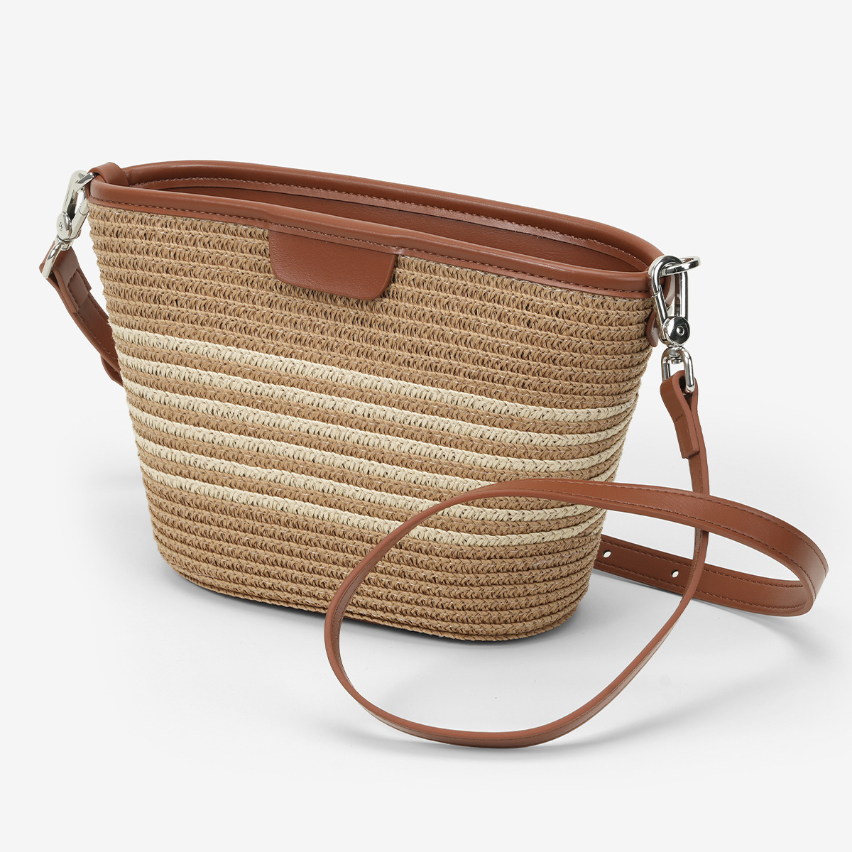 Cross-Border Straw Weaving Bag, Niche Straw Weaving Bag, Striped Weaving With Leather Crossbody Bag, Fashionable And Versatile Bucket Beach, Single-Shoulder Tote Zipper, Ins Handcrafted Straw Weaving Bag