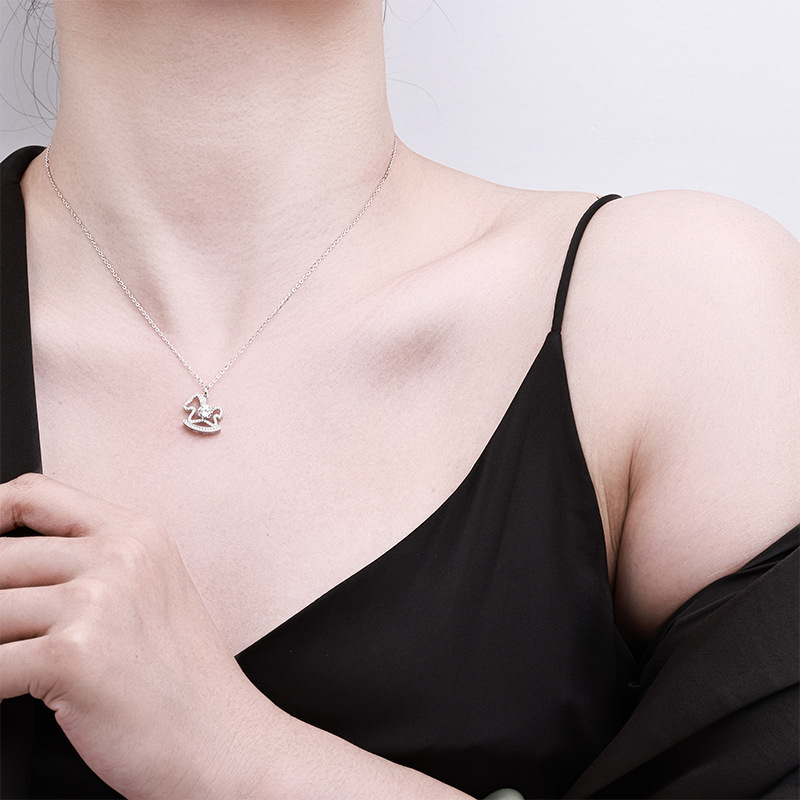 Fairy tale little Wooden Horse necklace, cute and artistic creative collarbone chain for women in summer, silver moissanite pendant, high-end feel, pure silver Specification image