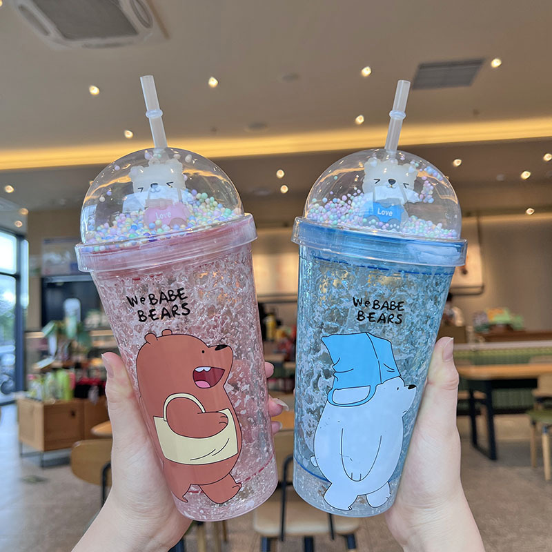Cross-border new high-appearure-level summer Internet celebrity teddy bear cartoon plastic water cup, straw water cup, double-layer crushed ice cup Application Scenario