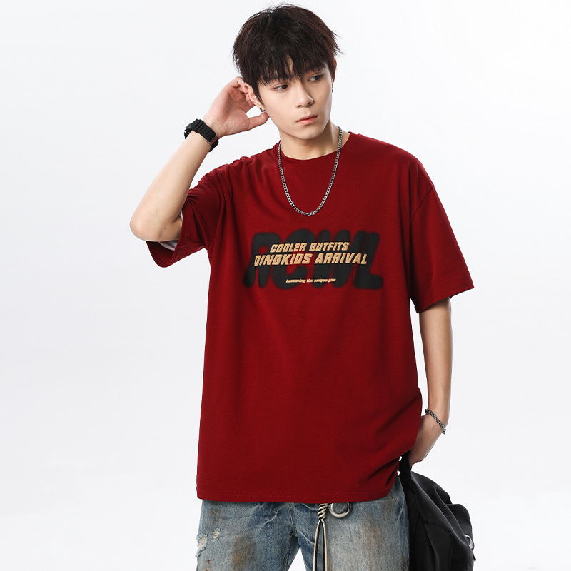 Short-sleeved men's summer American streetwear brand letter-printed couple pure cotton T-shirts, loose, sporty and casual, round-neck and half-sleeve Specification image