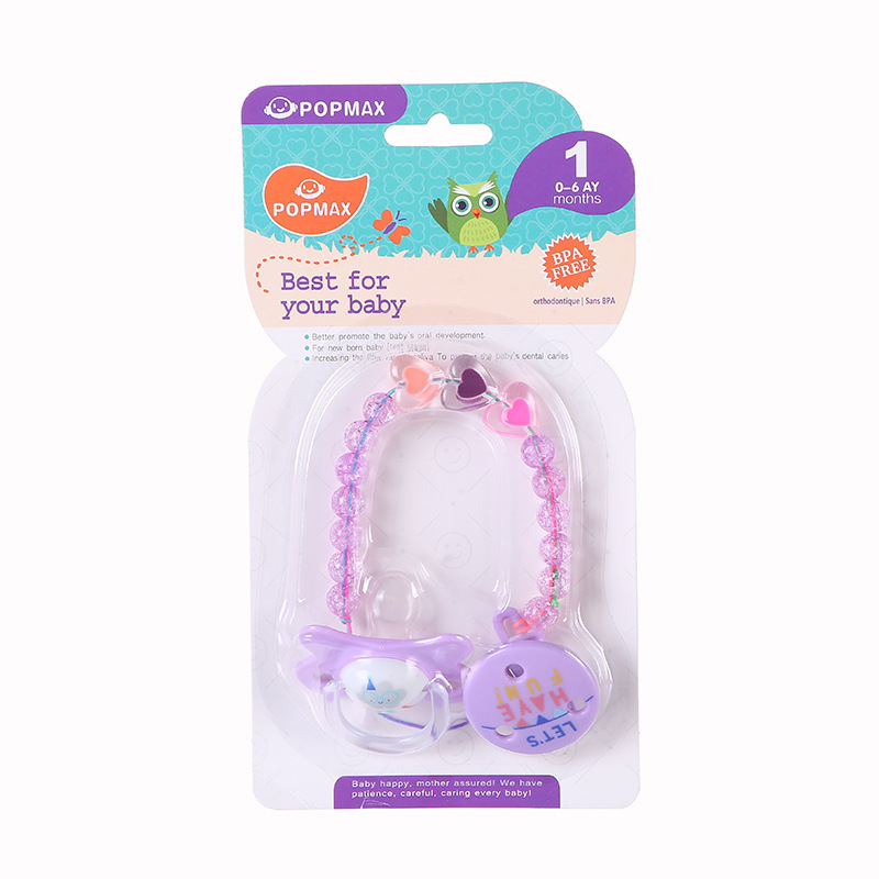 The new baby pacifier is a portable chain with a super soft plastic silicone nozzle. It is a safe, shockproof and chewy baby product Item Picture