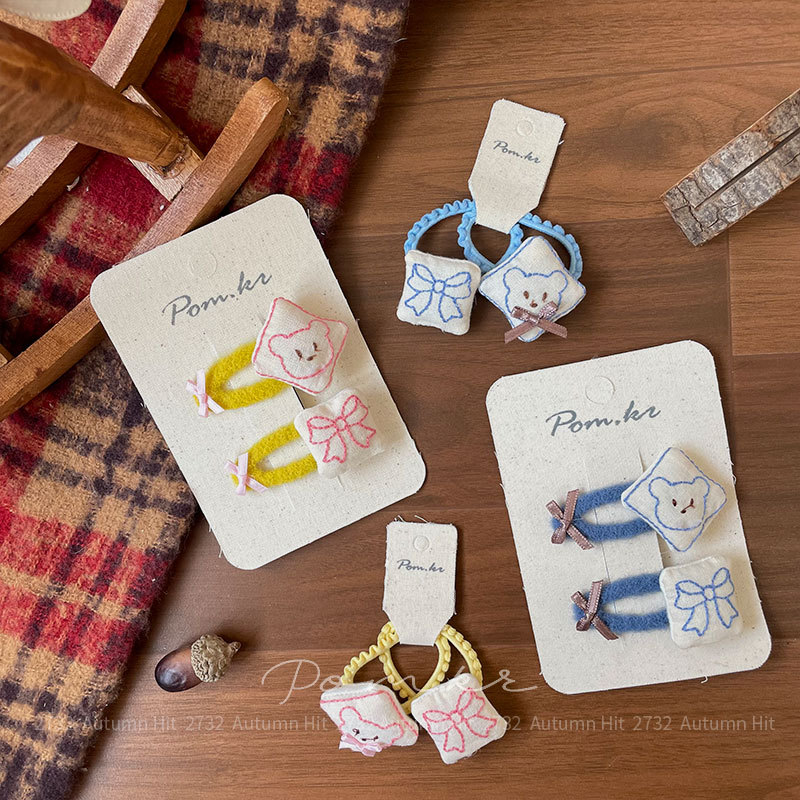 New Korean-style sweet hand-embroidered little bear hair clip fabric children's side broken hair bangs clip bow hair accessory Pom.kr Little bear bow embroidery hair accessory: blue, yellow and pink hair clips and hair bands soft and cute sweet girl Specification image