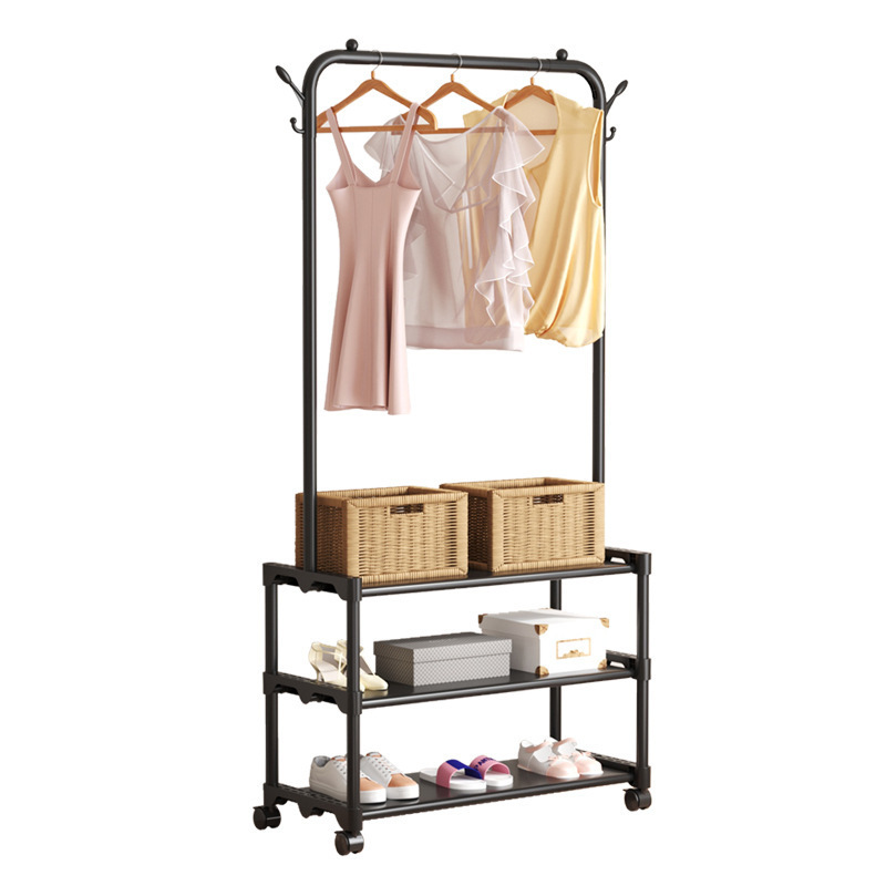 Shoe and hat integrated rack, floor-standing bedroom movable clothes hanger, hanging clothes hanger, indoor storage rack, movable storage rack Item Picture