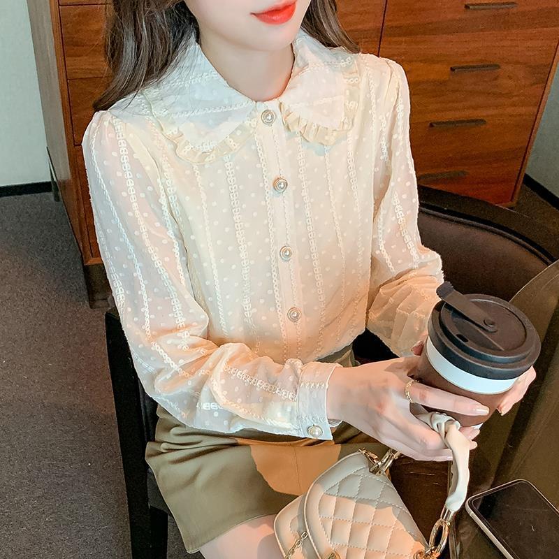 洋气蕾丝雪纺衫女长袖2025秋冬新款加绒加厚打底衫木耳边翻领衬衫细节图