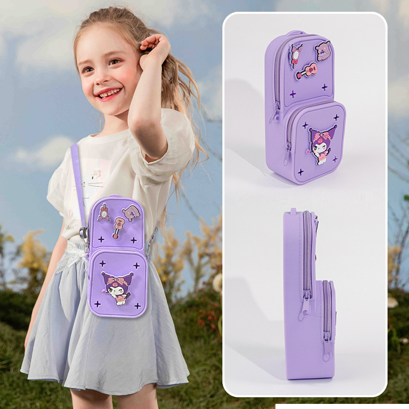 New DIY perforated silicone schoolbag and pen case, fashionable single-shoulder crossbody bag, multi-functional double-layer large-capacity stationery box Specification image