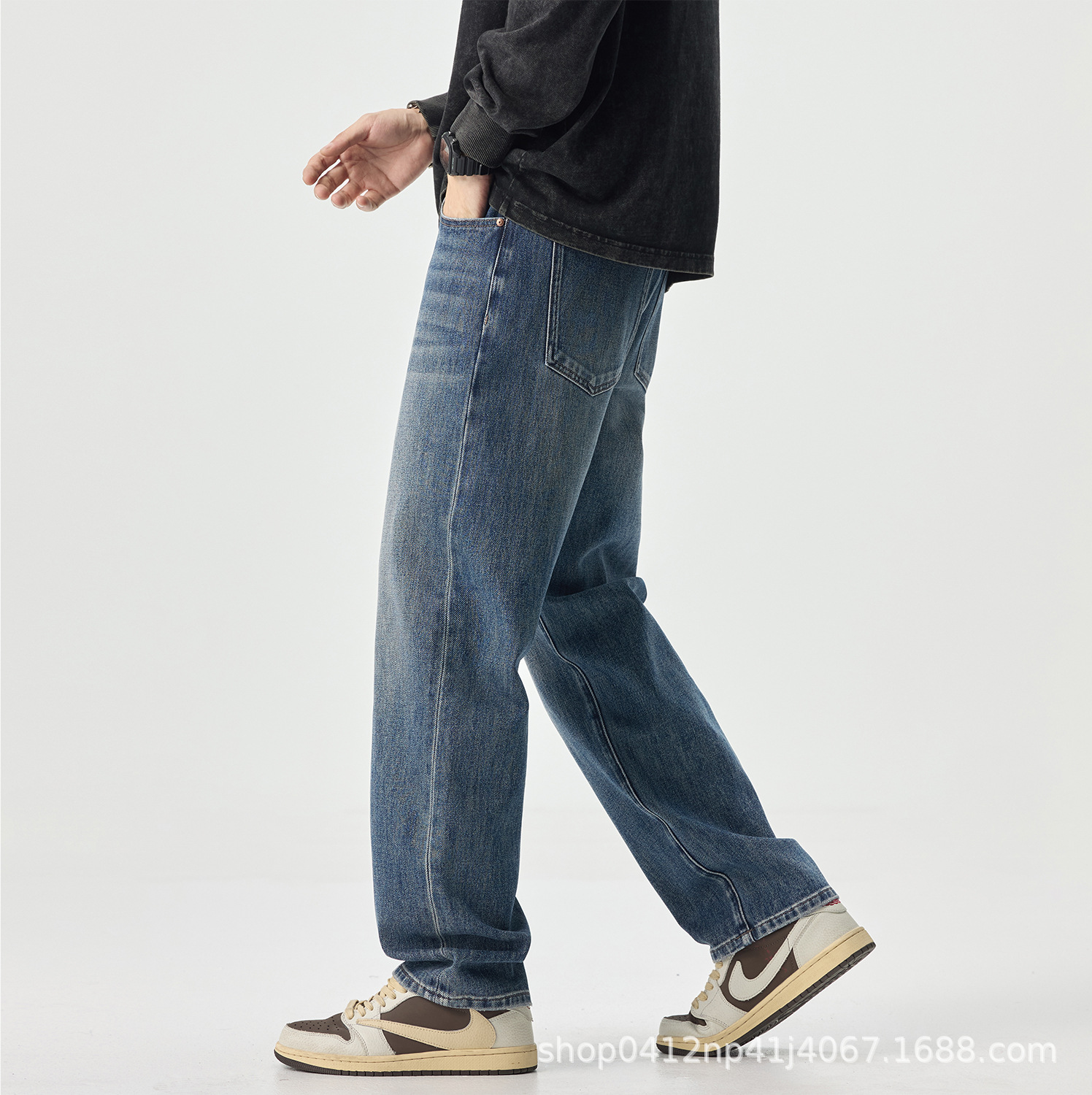 Blue four-sided stretch straight-leg jeans for men Spring/Autumn 2026 new style American loose wide-leg men's pants