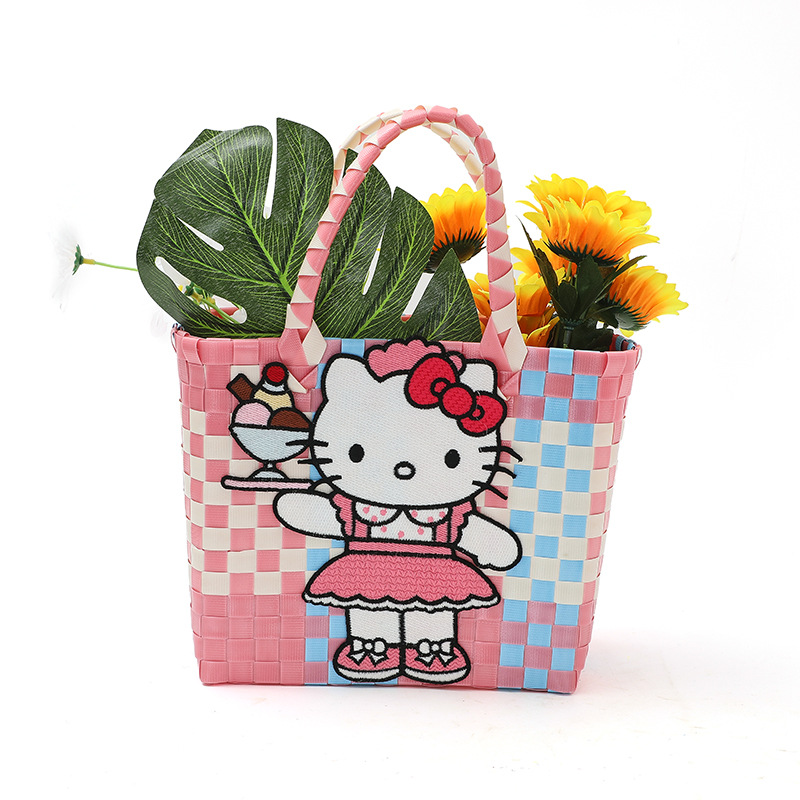 彩色编织手提菜篮子卡通刺绣出行节日婚礼必备手办礼包