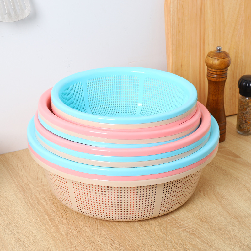 Kitchen household draining baskets are mostly circular plastic hollowed-out drip basins for washing vegetables and fruits, and wholesale round sieve baskets for storage Specification image