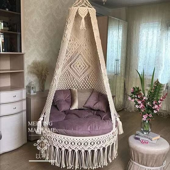 外贸跨境专供民宿大吊椅吊床流苏棉绳编织吊篮秋千厂家直销代发