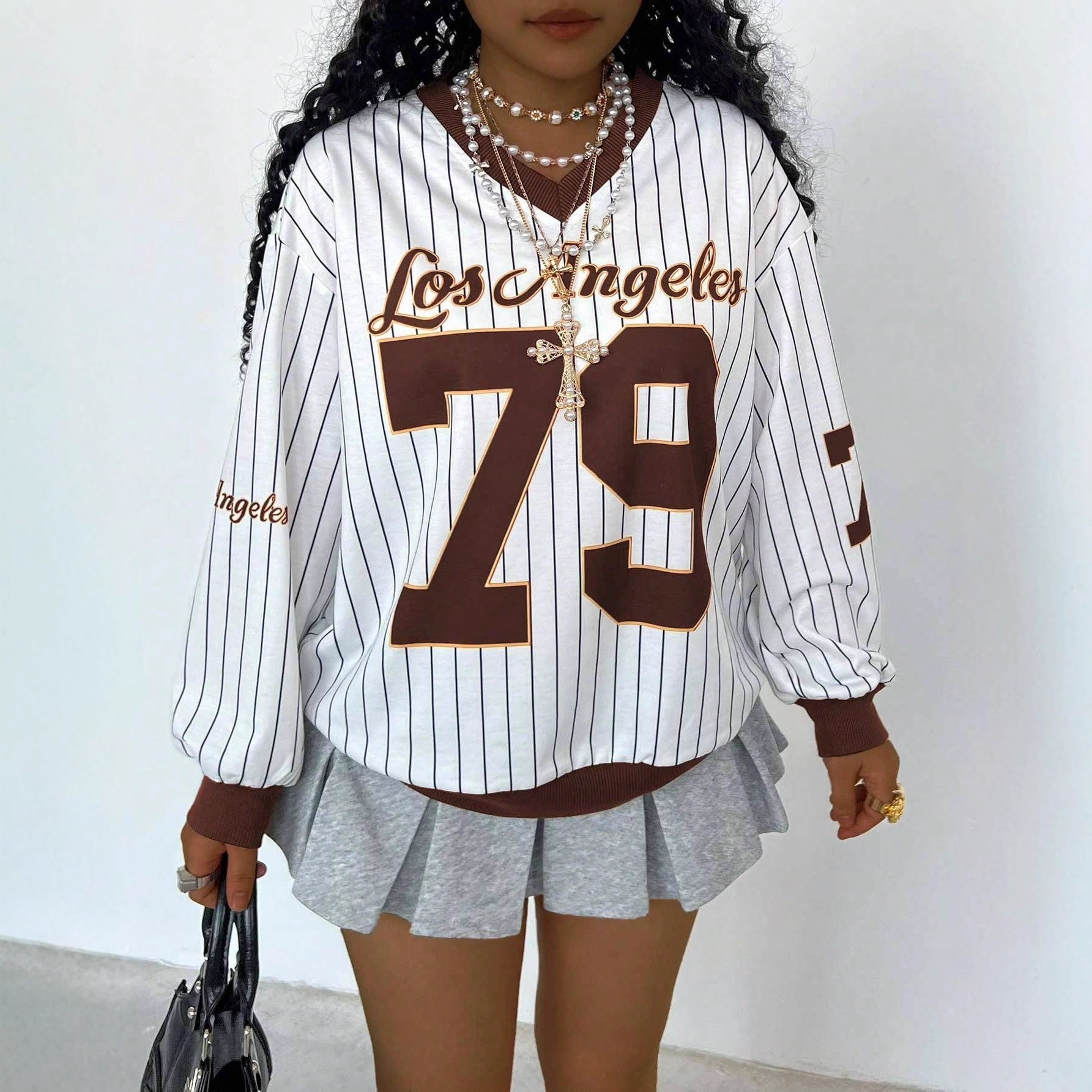 American early autumn long-sleeved casual loose sporty V-neck hoodie with contrasting color words mother-daughter autumn comfortable printed top Specification drawing
