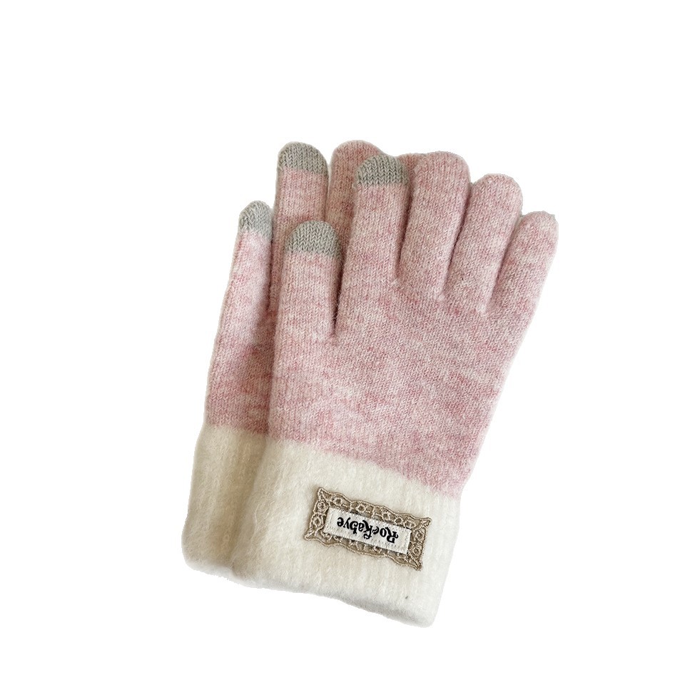 Ladies' knitted touch screen gloves for winter warmth, thickened Korean style color contrast, simple and fashionable, outdoor cycling touch screen full finger Item Picture