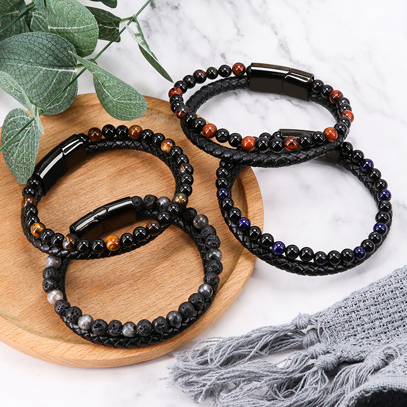 Cross-border simple natural volcanic stone bracelet for men, magnetic clasp woven tiger's eye stone with beads, cowhide rope bracelet accessory details Picture