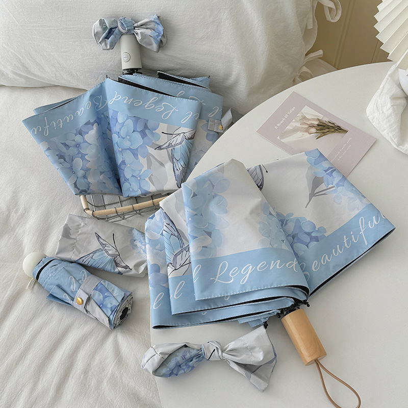 蓝色绣球花图案长柄伞色丁24骨雨伞定制一次性雨伞