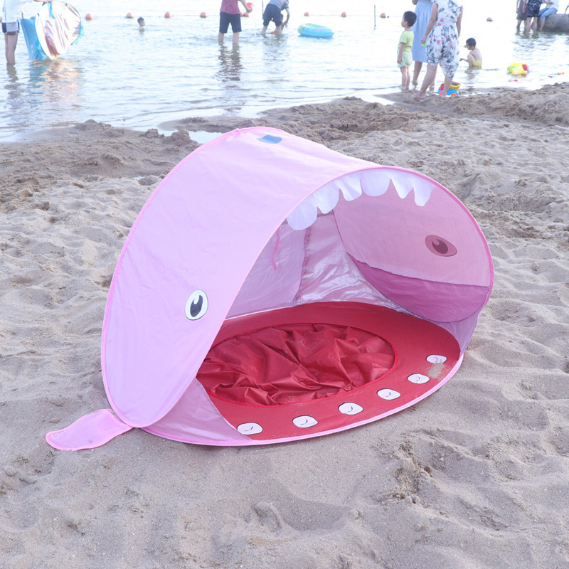 Children's shark beach tent, bottomless beach tent by the sea, outdoor two-person simple automatic sunshade, children's water play Application Scenario