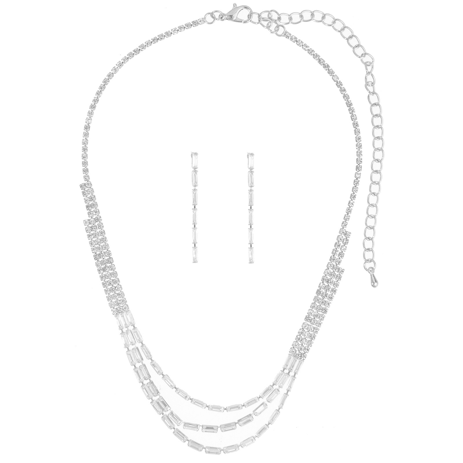 Factory supply: Cross-border multi-layer layered zirconia necklace + earrings two-piece set, full diamonds, shiny and fashionable, versatile jewelry chain for parties and banquets Item Picture