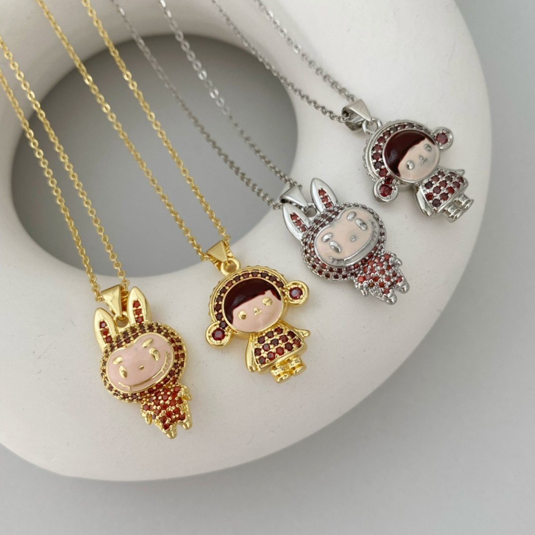 This necklace features a unique design of cartoon characters, hats, zircon couple necklaces, and a European and American personality rabbit girl collarbone chain