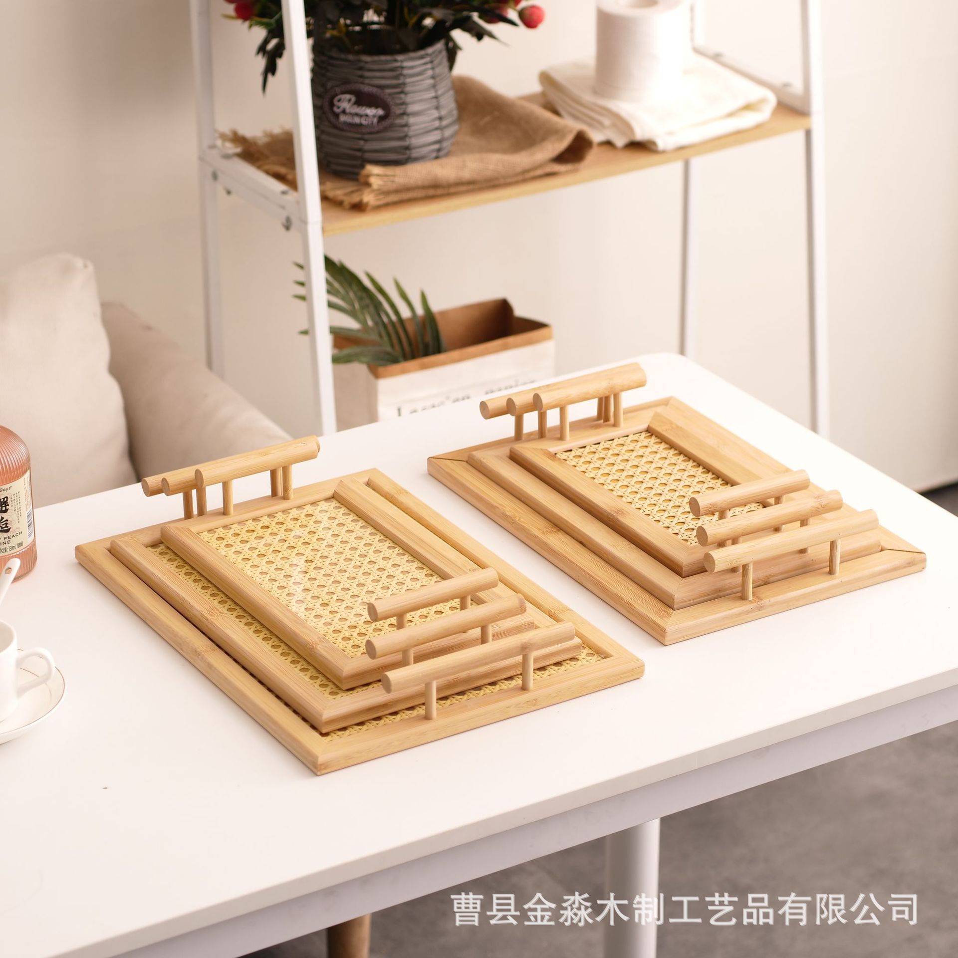 创意竹制托盘木质可手提水果点心盘长方形仿藤编底茶托盘宴请餐盘