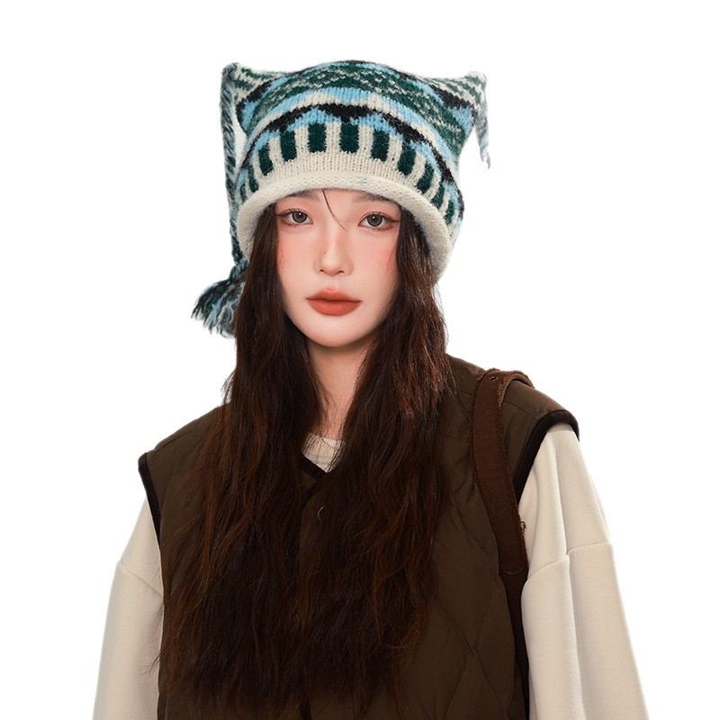 The 2025 new ethnic-style cat ear colorful striped woolen cap is a versatile and warm knitted cap for children and men in autumn and winter Item Picture