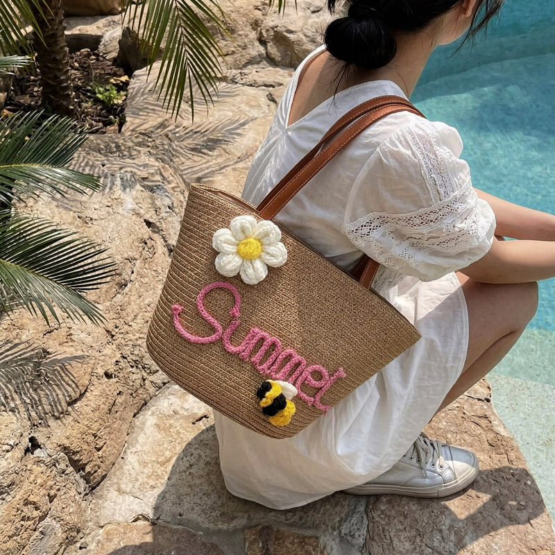 Cross border straw bag primavera nuevo estilo isla vacaciones viento straw bag mujer moda nicho gran capacidad un hombro bolsa de mano mano straw bag Specification image
