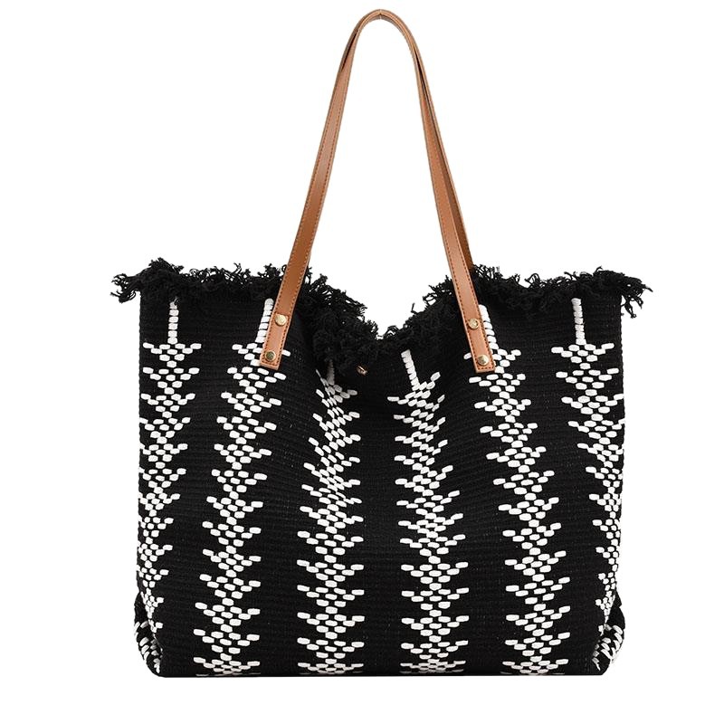 Cross-Border Canvas Bag, Fringed Handbag, Large-Capacity Portable And Simple Tote Bag, Cotton And Linen Bag, Versatile Commuting Single-Shoulder Bag, Beach Bag, Fringed Woven Bag, Women's Single-Shoulder Handbag, Tote Bag, Women's Canvas Bag Item Picture