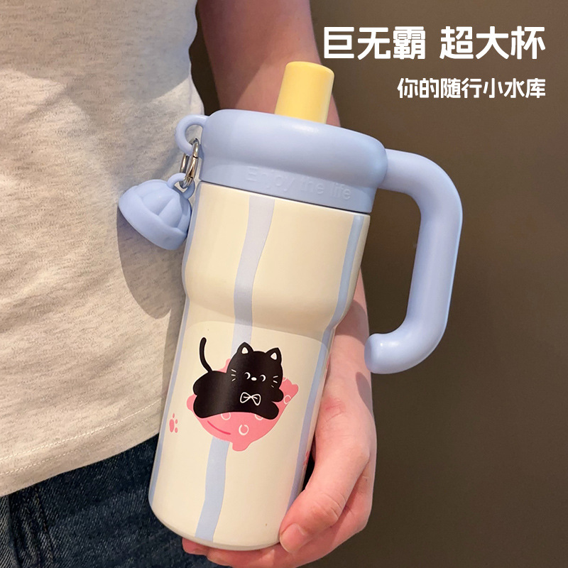 新款卡通保温杯可爱小猫大容量冰霸杯高颜值女生手柄杯吸管杯