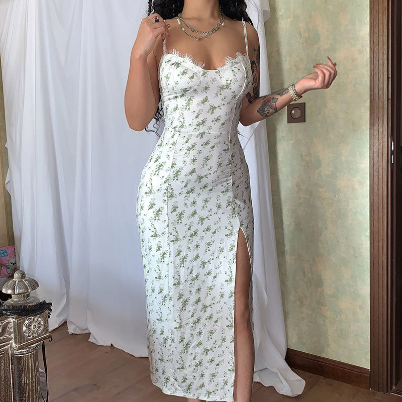 2026 New cross-border European and American women's clothing sexy and slimming halter, slit lace trim, strapless small floral dress Specification drawing