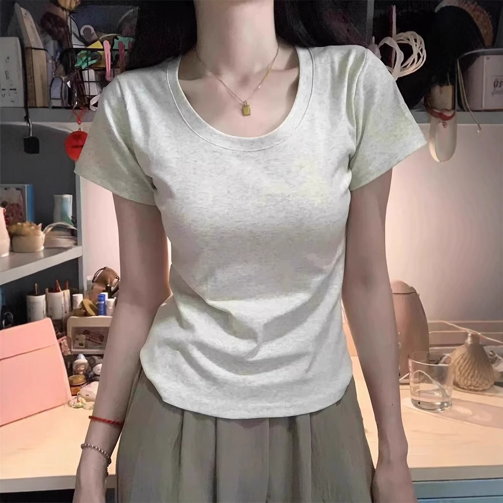 美式正肩短袖t恤女夏季女装新款U领内搭短款修身紧身打底衫上衣女