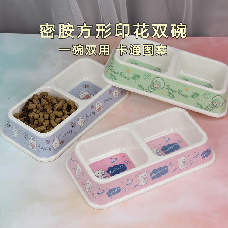 宠物密胺狗碗方形印花双碗多花色猫碗宠物碗狗盆水碗狗食盆批发