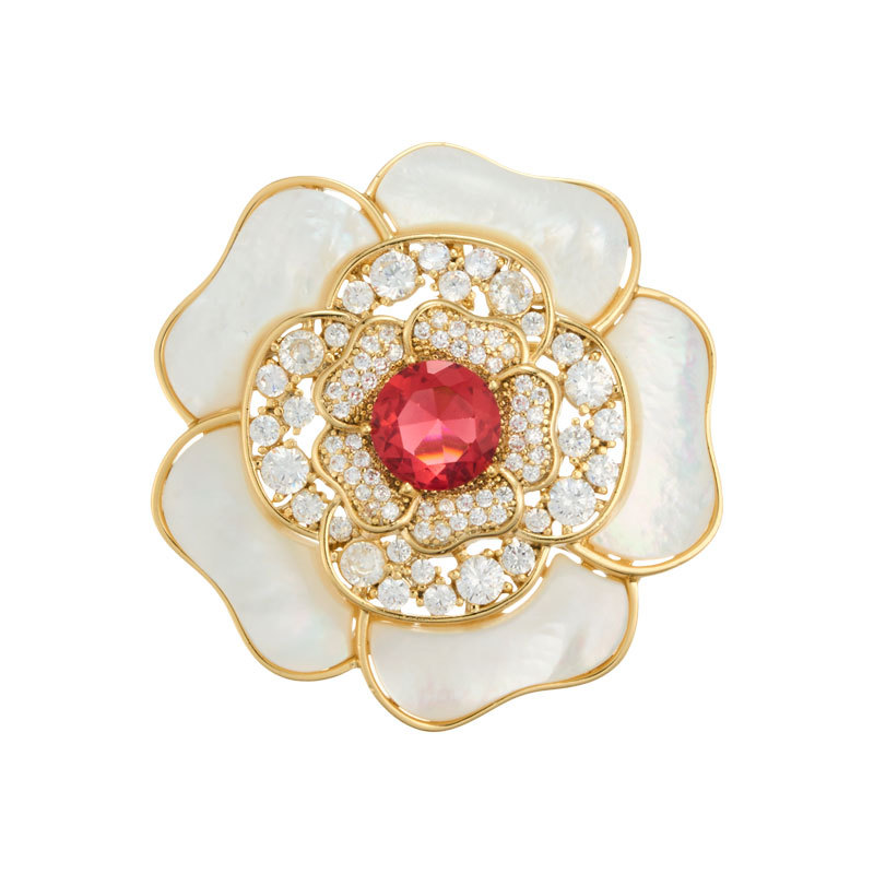 A light luxury and high-end natural mother-of-pearl camellia brooch, copper alloy slightly inlaid zircon, fashionable and versatile women's accessory pin Item Picture