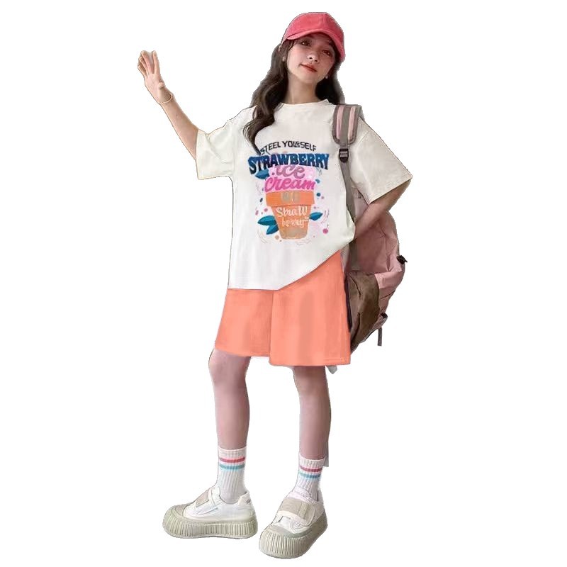 New girls' short-sleeved T-shirt summer collection 2026 Children's summer style Versatile top for middle and large kids girls, trendy and casual summer Specification image