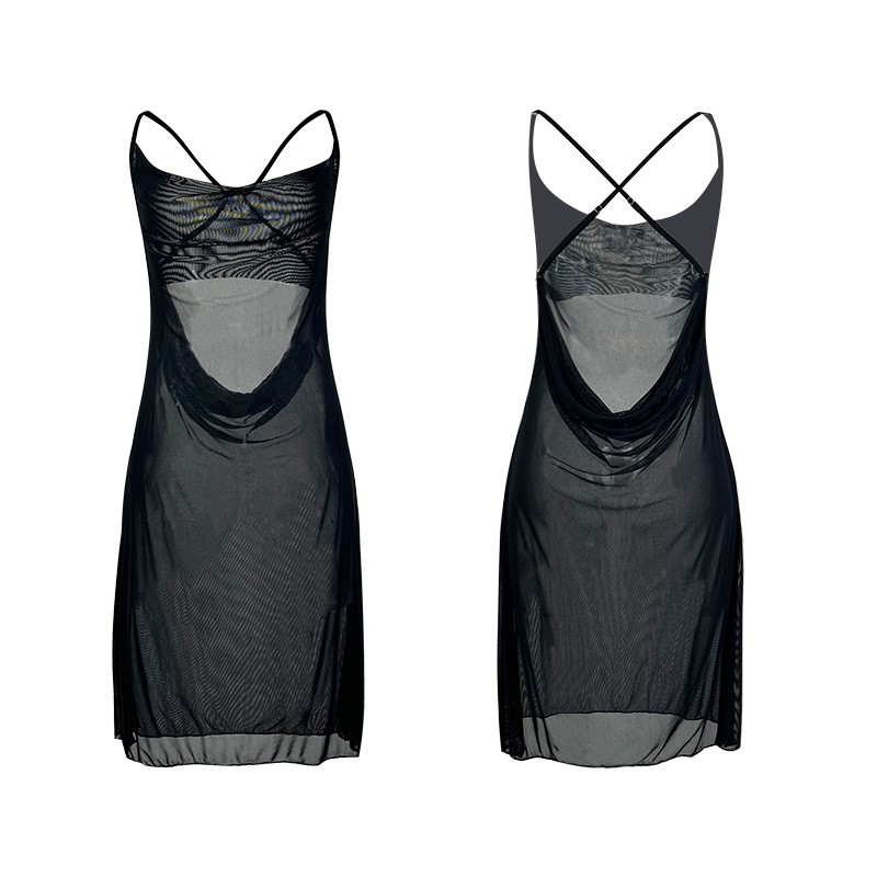 Feiyun Cross-border European and American sexy see-through mesh solid color long halter dress, backless side slit, form-fitting pajamas 908 Item Picture