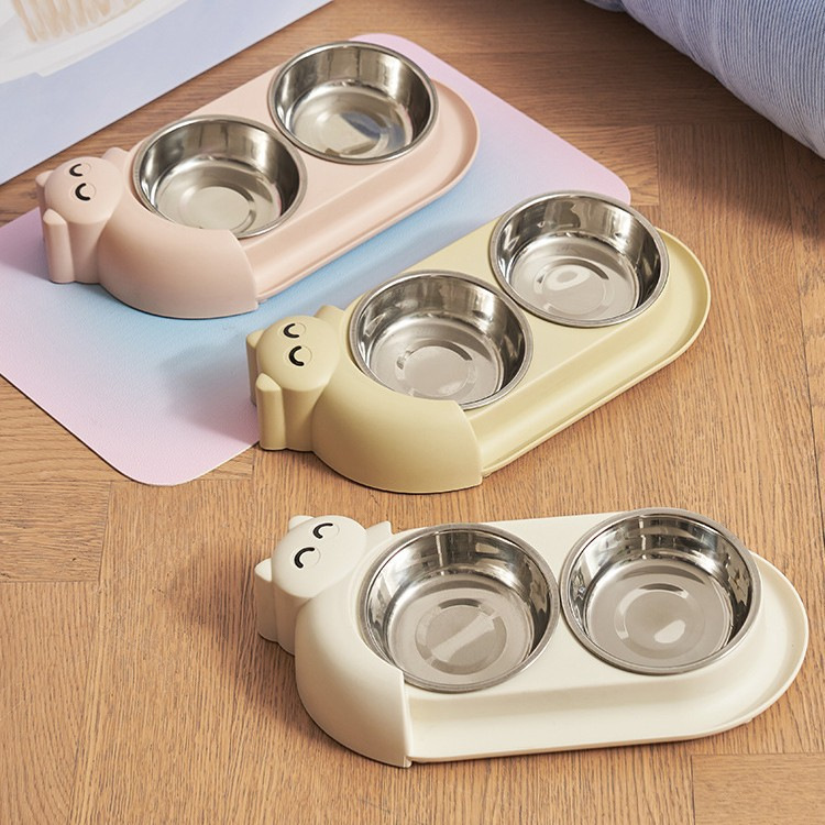 Multi-functional pet double-bowl cartoon with stainless steel bowl, pet feeding utensils, pet water and feeding two-in-one anti-slip bowl Specification image