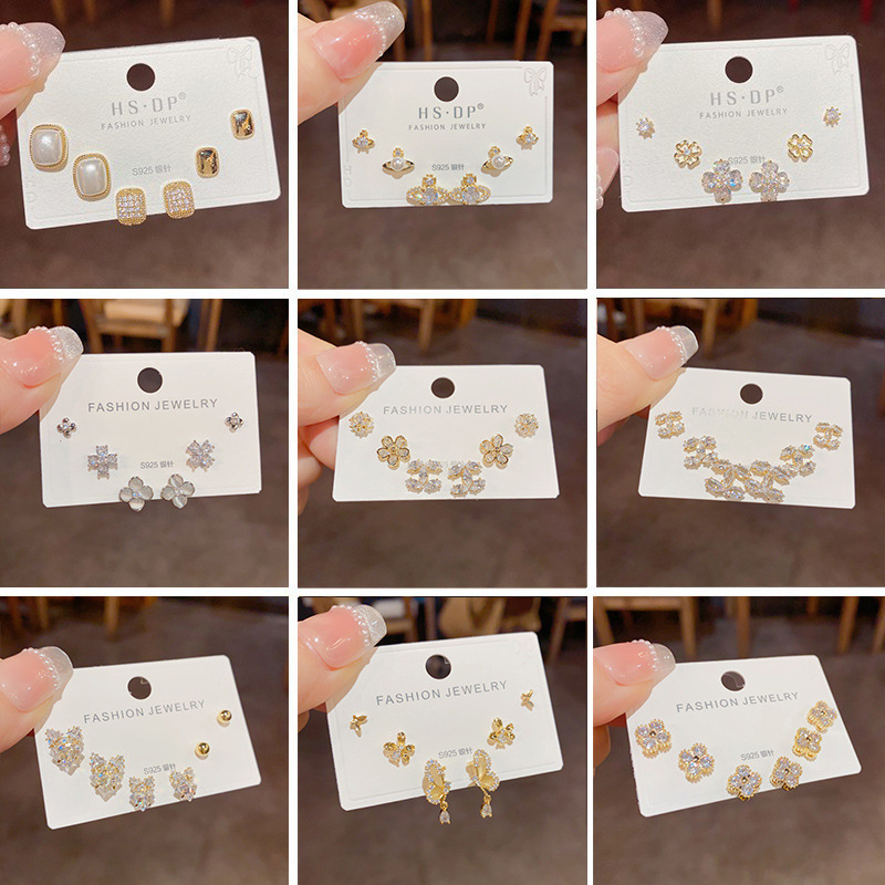 s925银针精致时尚百搭可爱三件套组合耳钉女气质简约日常通勤耳环