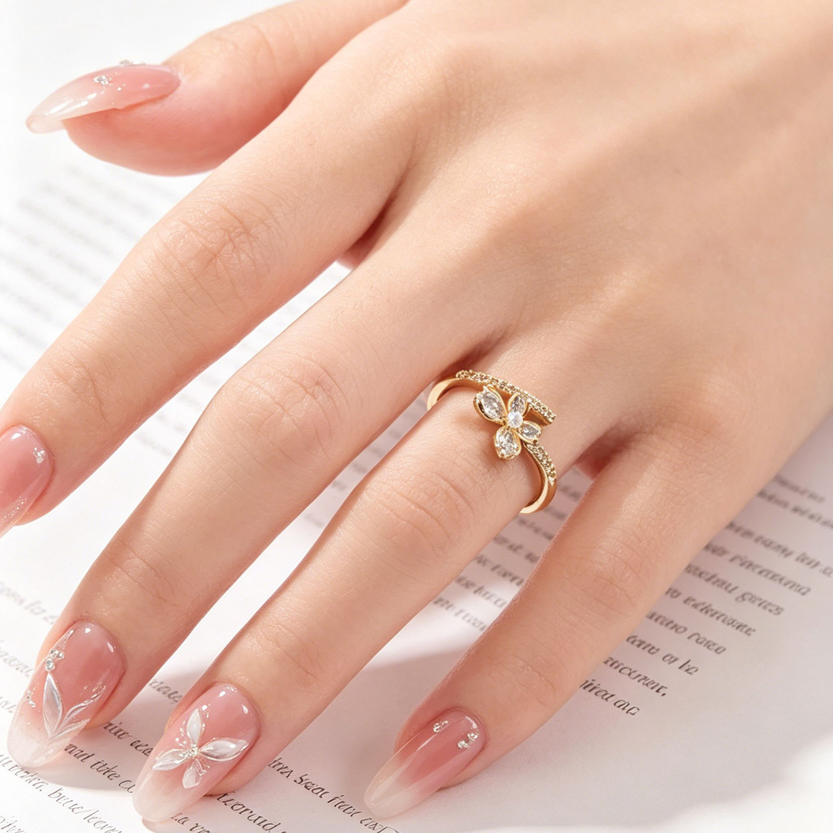 Estilo francés viento suave mariposa anillo abierto aleación de cobre chapado de oro real micro zirconia incrustado anillo ajustable details Picture