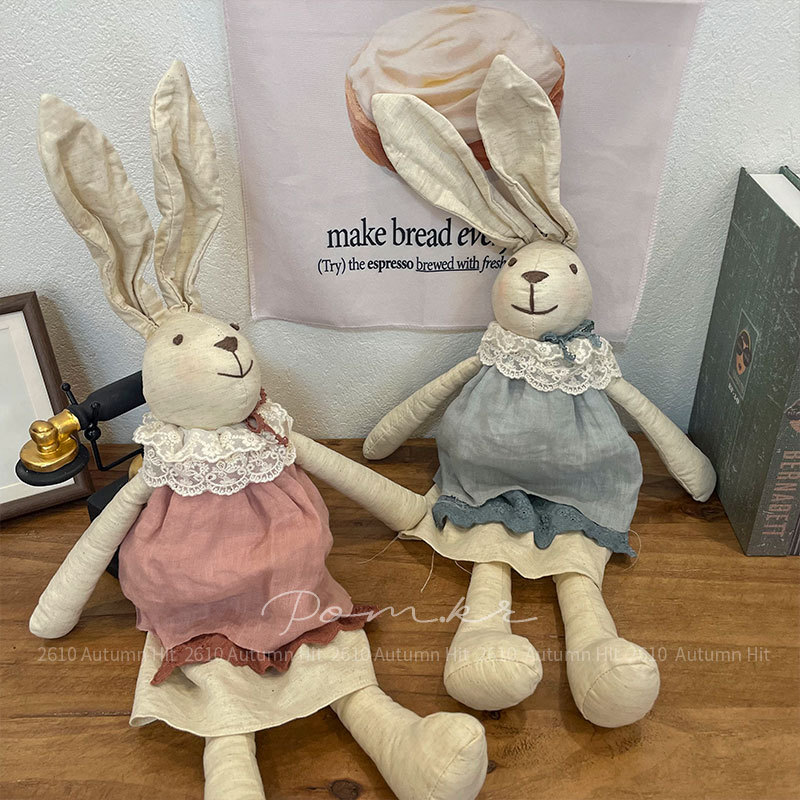 New Korean-style fabric handcrafted cotton and linen rabbit doll lace dress doll, children's soothing toy, home decoration item, women's Pom.kr, retro linen long-eared rabbit doll lace collar dress, two-color style, gentle and charming Specification image