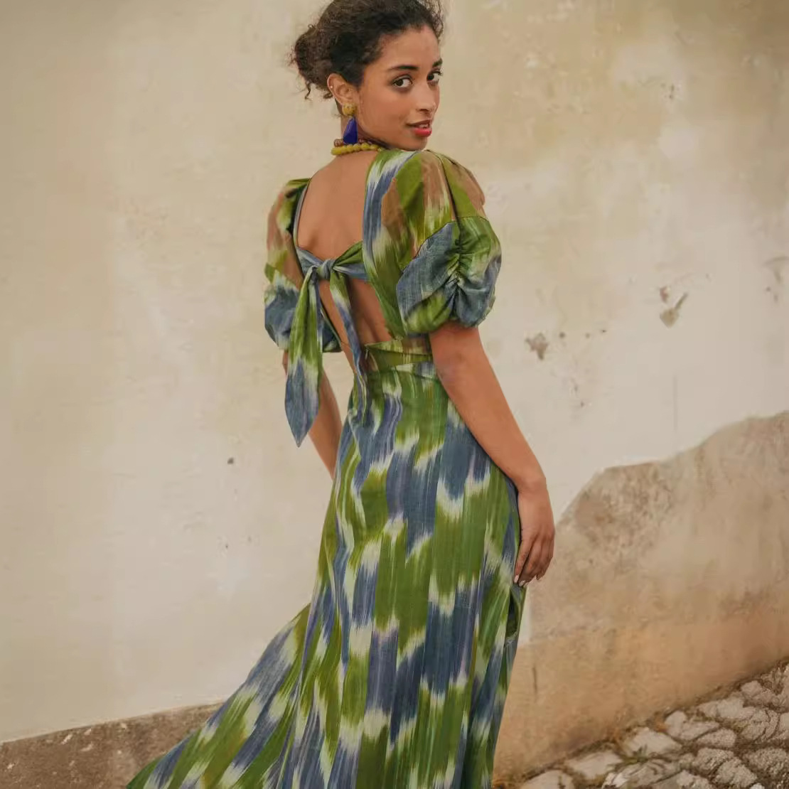2073 European and American women's wear 2024 Summer New Round Neck Printed Tie Dress full figure