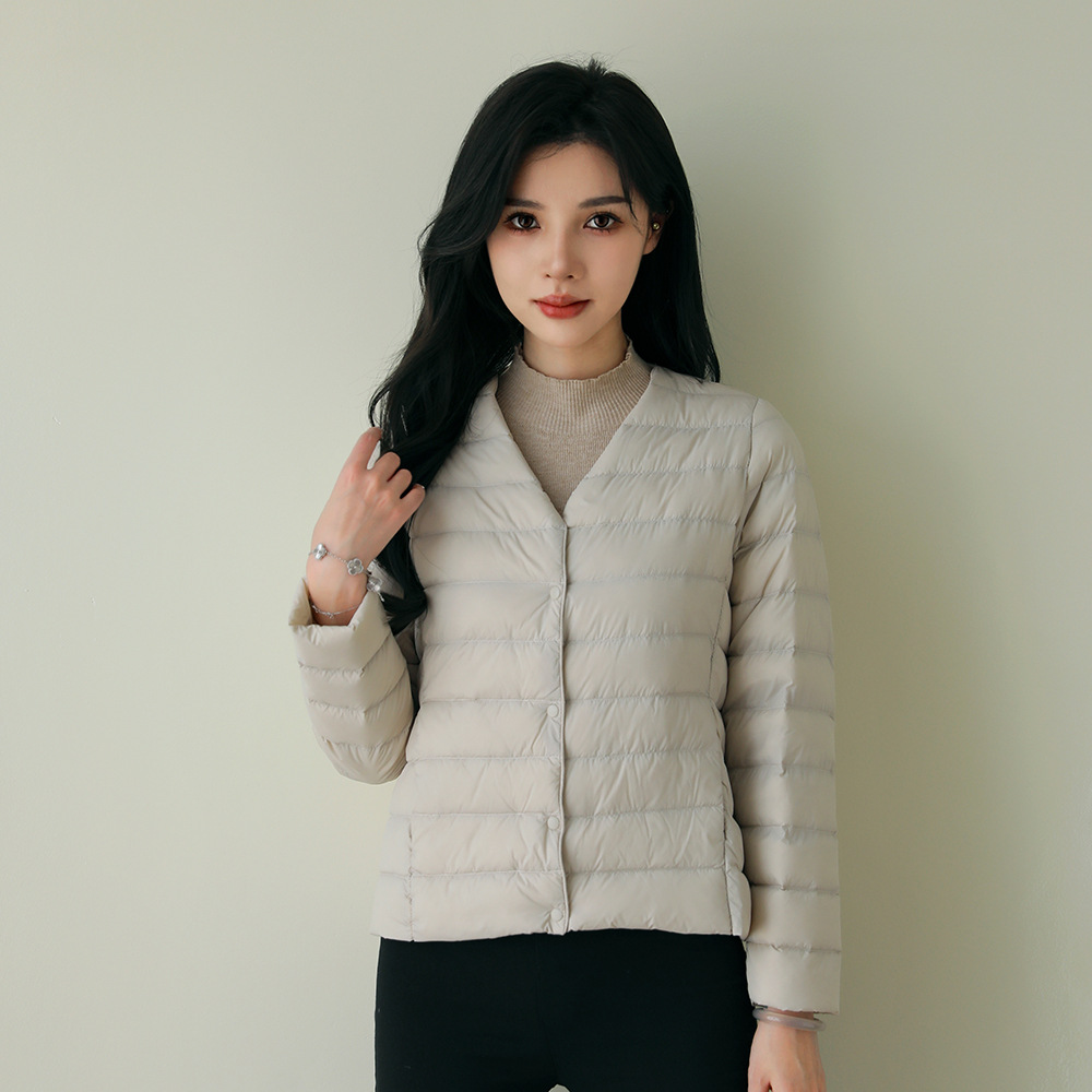 Pinghu down jacket V-neck round neck thin, light, solid color simple white duck down women's inner liner light down jacket jacket Specification image