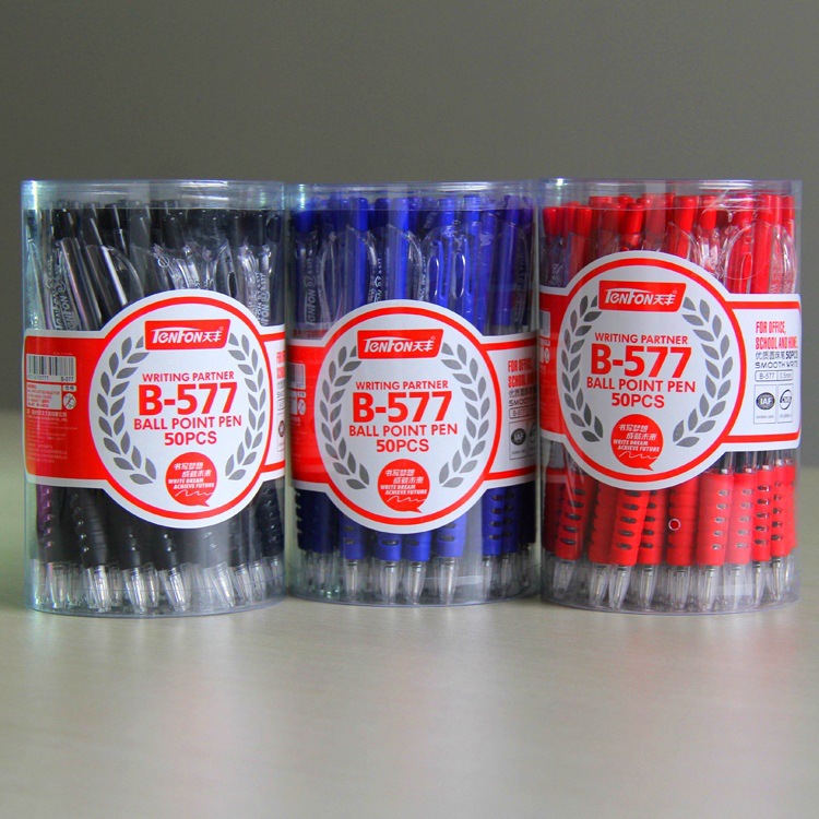Tianfeng 577 Cylindrical side jump plastic Ballpoint pen, transparent pen barrel 0.7MM Ballpoint pen wholesale, 50 pieces per barrel full figure