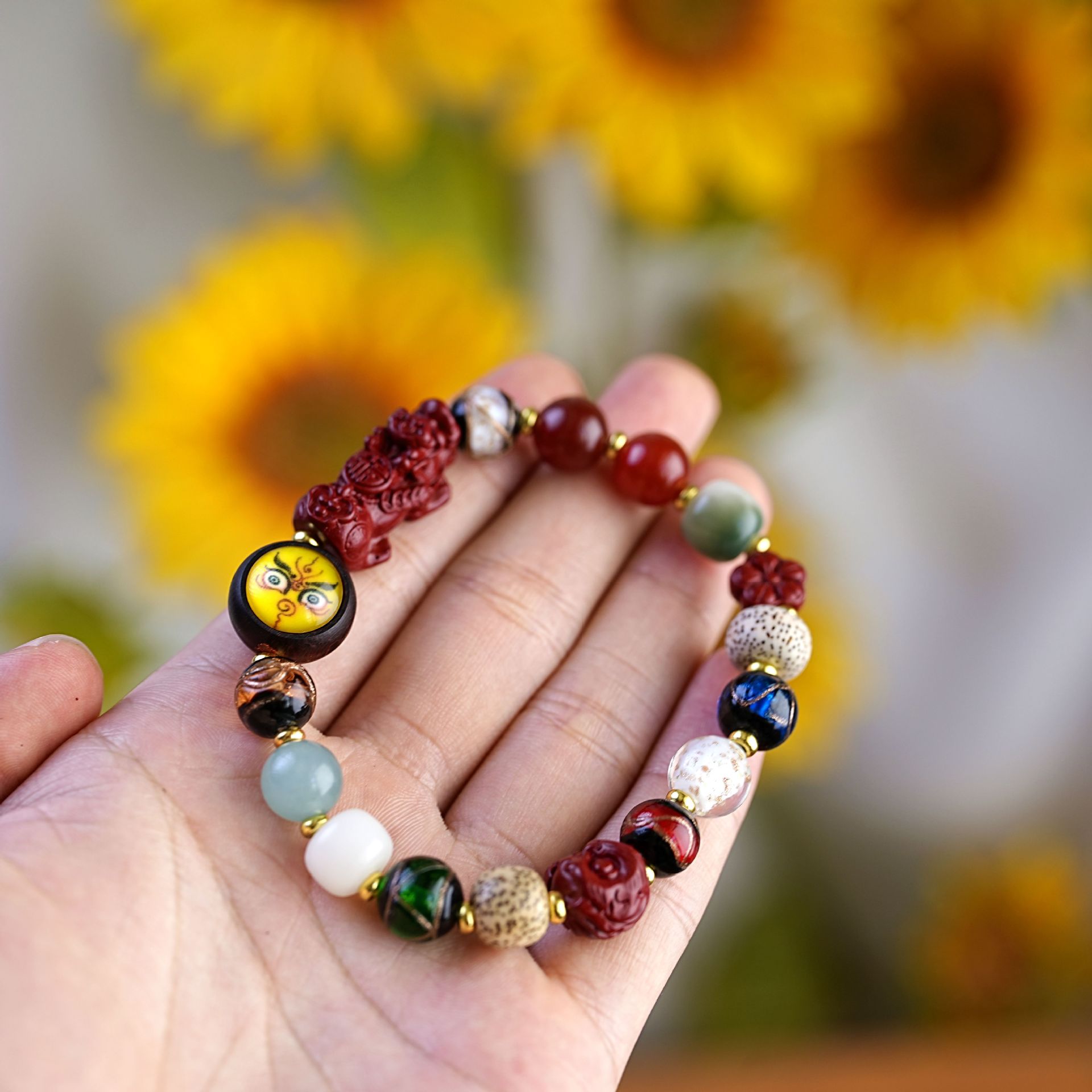 New Chinese-style beaded multi-treasure incense ash glass bracelet for women, retro PI Xiu Buddhist prayer beads cinnabar bracelet, beaded accessories