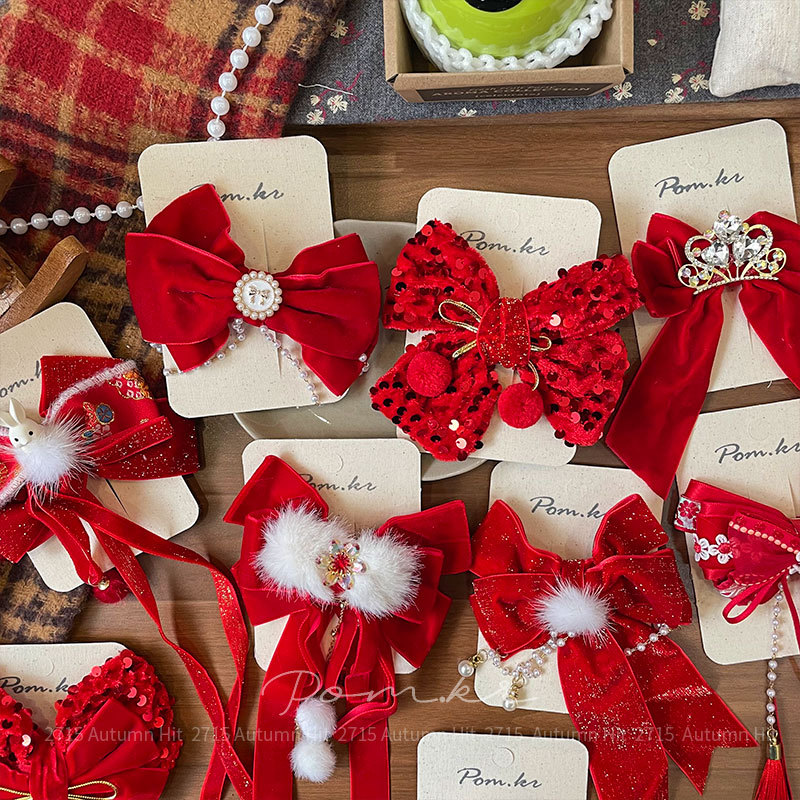 New Korean-style red bow hair clip, tassel, children's fabric, side fringed bangs clip, sweet handcrafted clip, red bow hair clip, ball pearl crown, sequined style, festive and delicate decorative hair accessory for girls