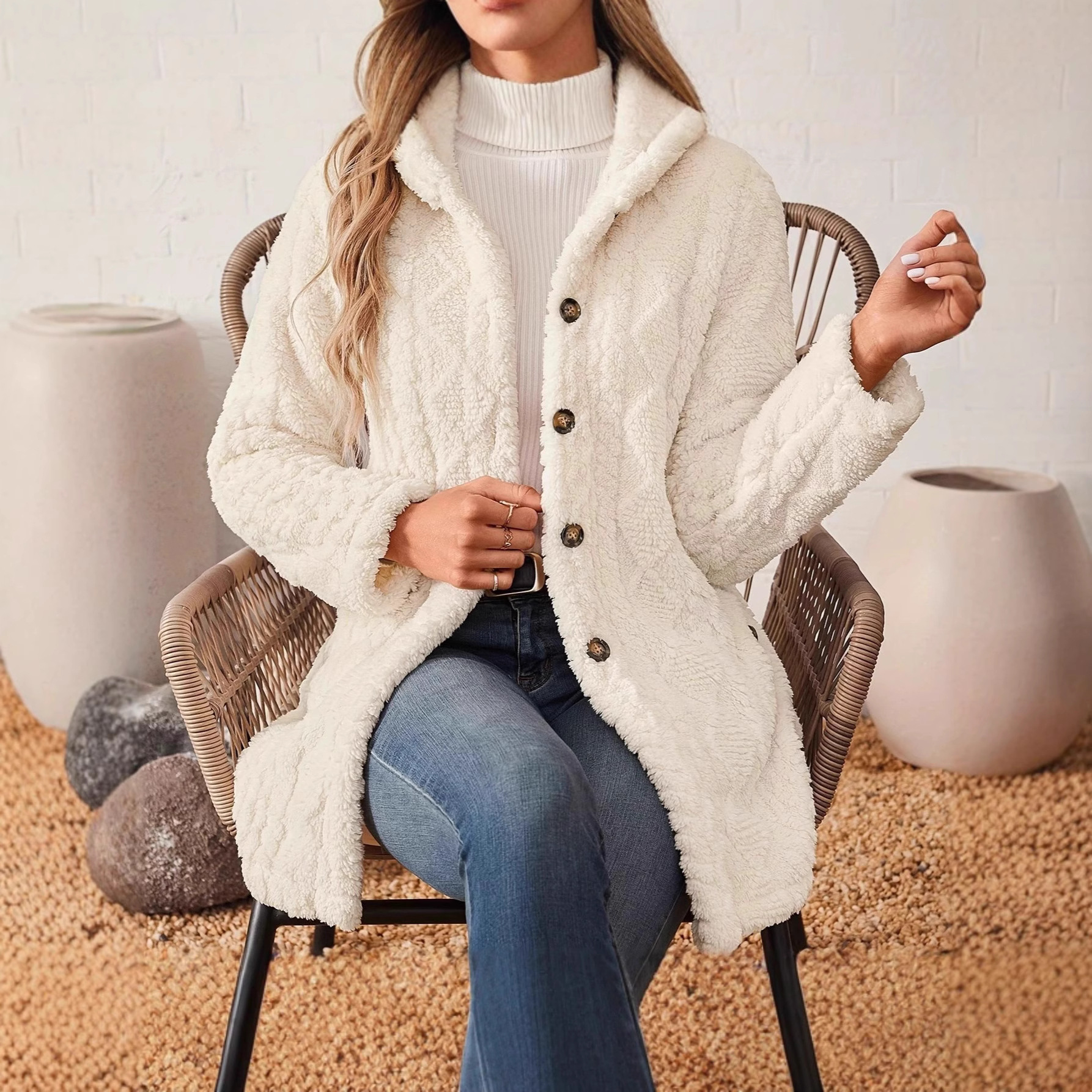 2025 Cross-border new style European and American button front hooded jacket Teddy casual warm long jacket